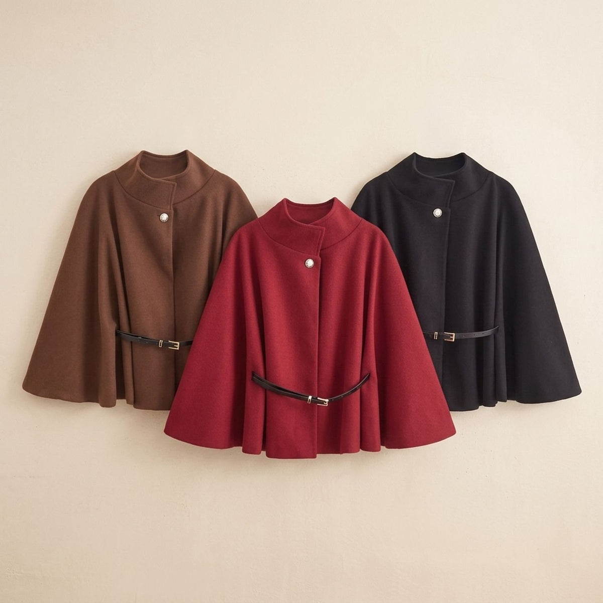 Women's Wool Cape Coat High-Collar Belted Button Closure