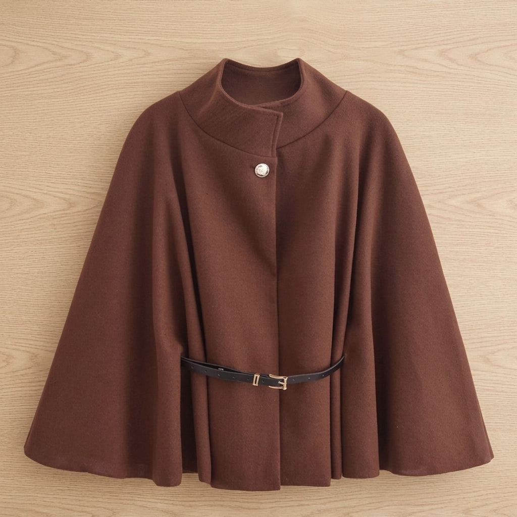 Women's Wool Cape Coat High-Collar Belted Button Closure - Brown