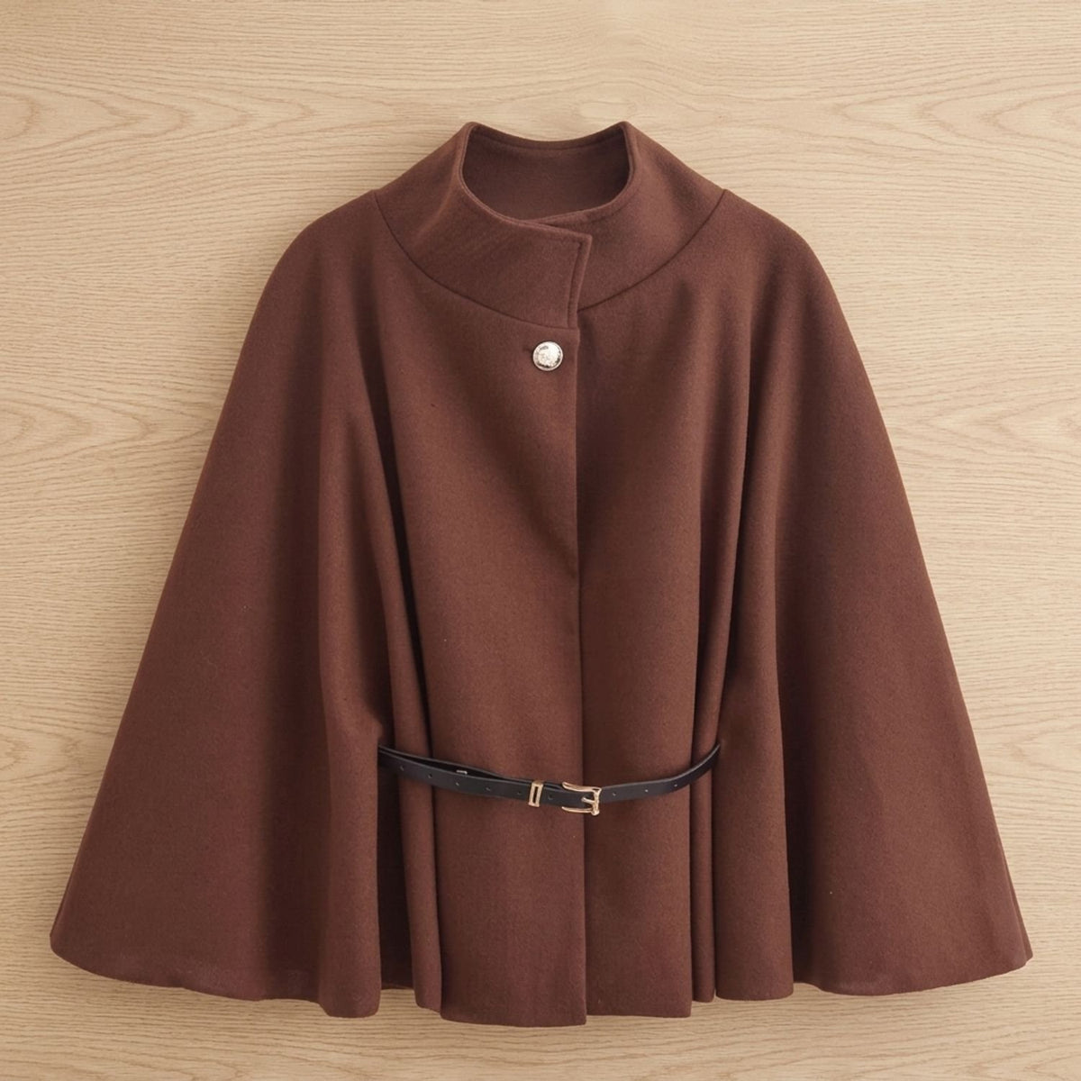 Women's Wool Cape Coat High-Collar Belted Button Closure - Brown
