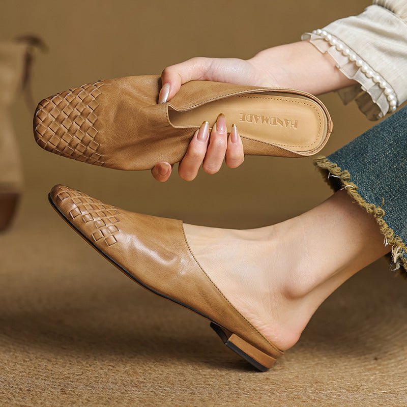 Women's Woven Genuine Leather Square-Toe Mules - Khaki