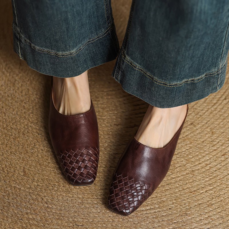 Women's Woven Genuine Leather Square-Toe Mules