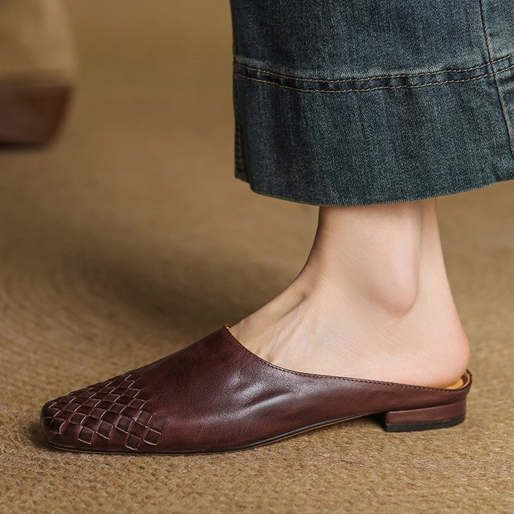 Women's Woven Genuine Leather Square-Toe Mules