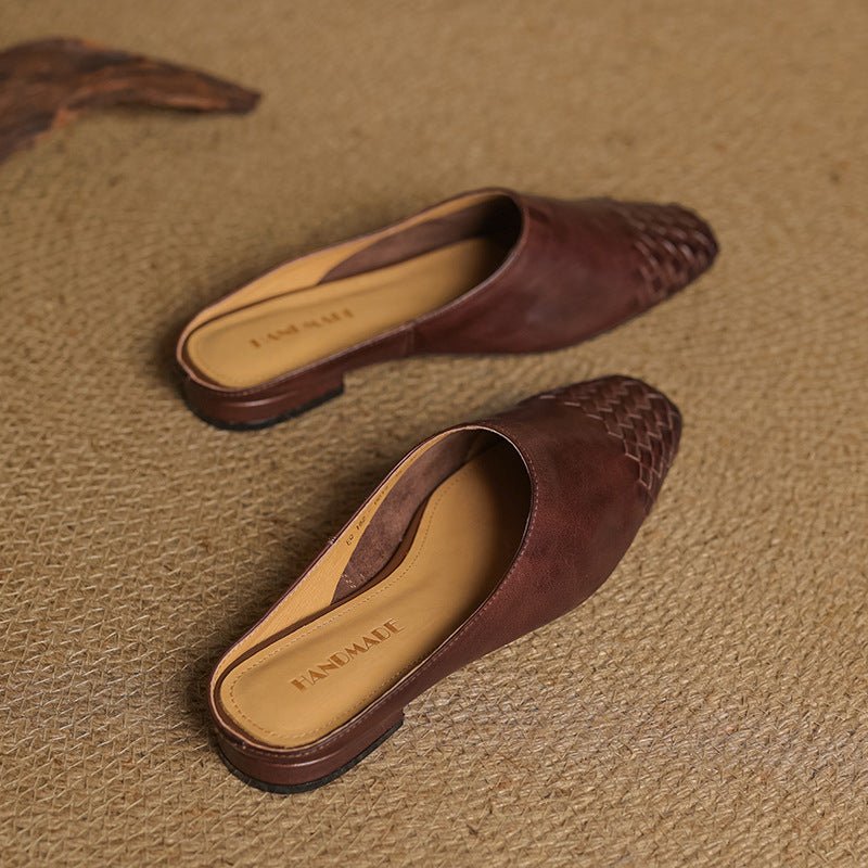 Women's Woven Genuine Leather Square-Toe Mules