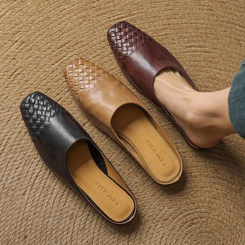 Women's Woven Genuine Leather Square-Toe Mules