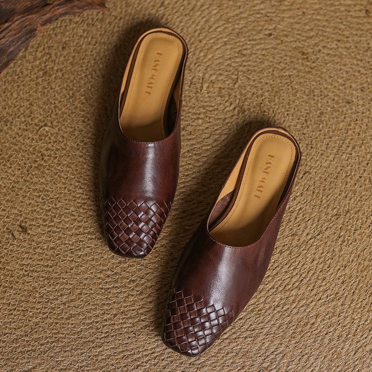 Women's Woven Genuine Leather Square-Toe Mules