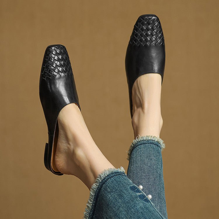 Women's Woven Genuine Leather Square-Toe Mules