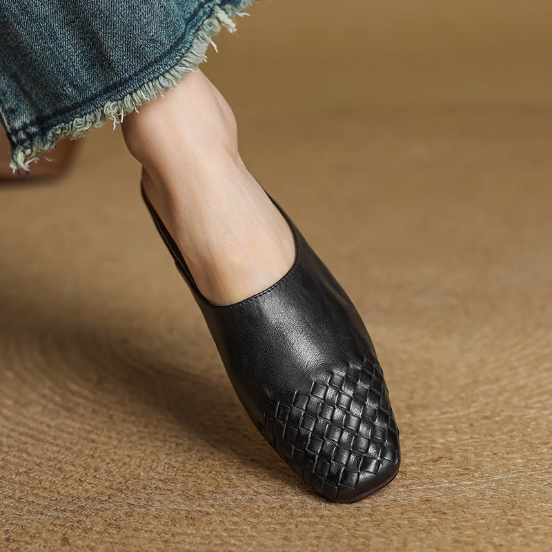 Women's Woven Genuine Leather Square-Toe Mules