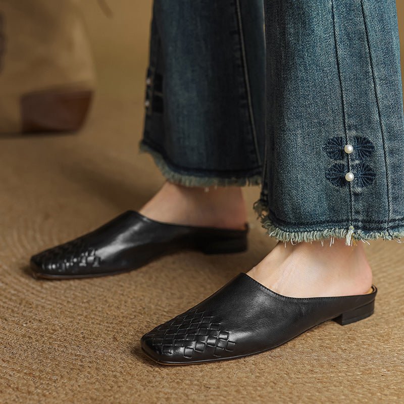 Women's Woven Genuine Leather Square-Toe Mules