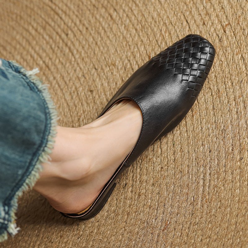 Women's Woven Genuine Leather Square-Toe Mules