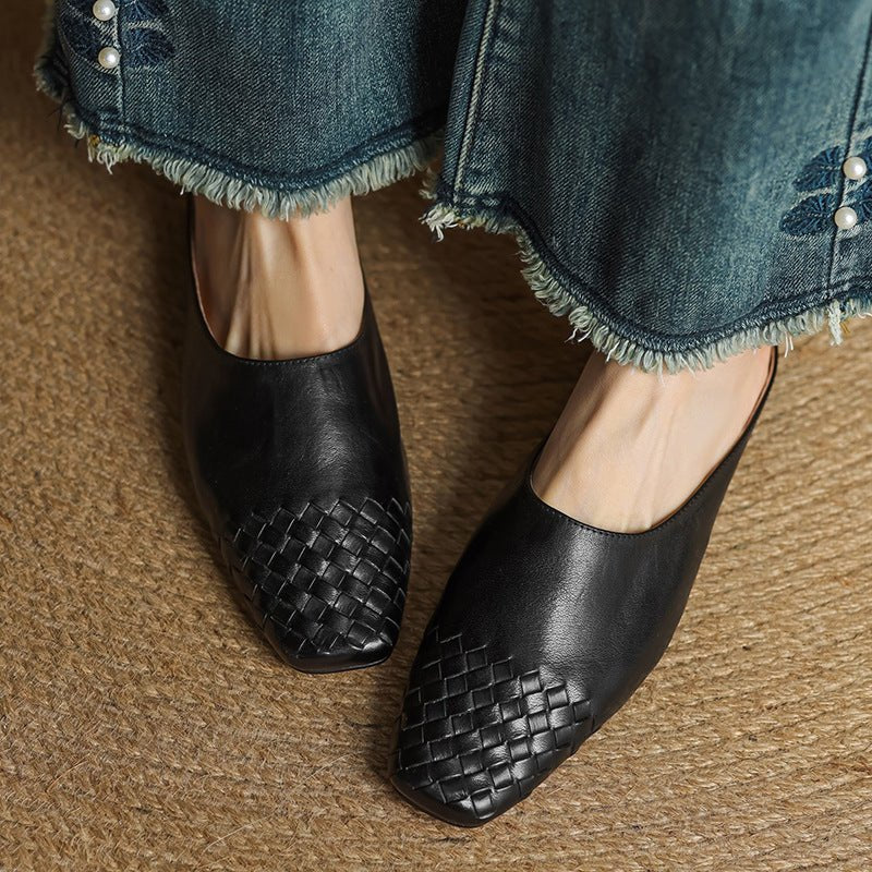 Women's Woven Genuine Leather Square-Toe Mules