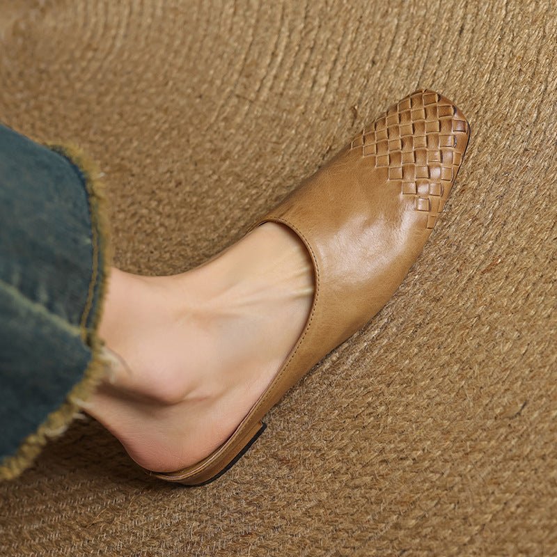 Women's Woven Genuine Leather Square-Toe Mules