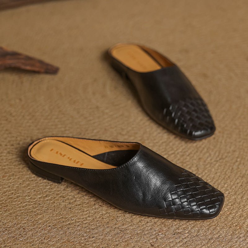 Women's Woven Genuine Leather Square-Toe Mules - Black