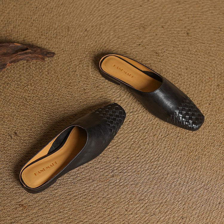 Women's Woven Genuine Leather Square-Toe Mules