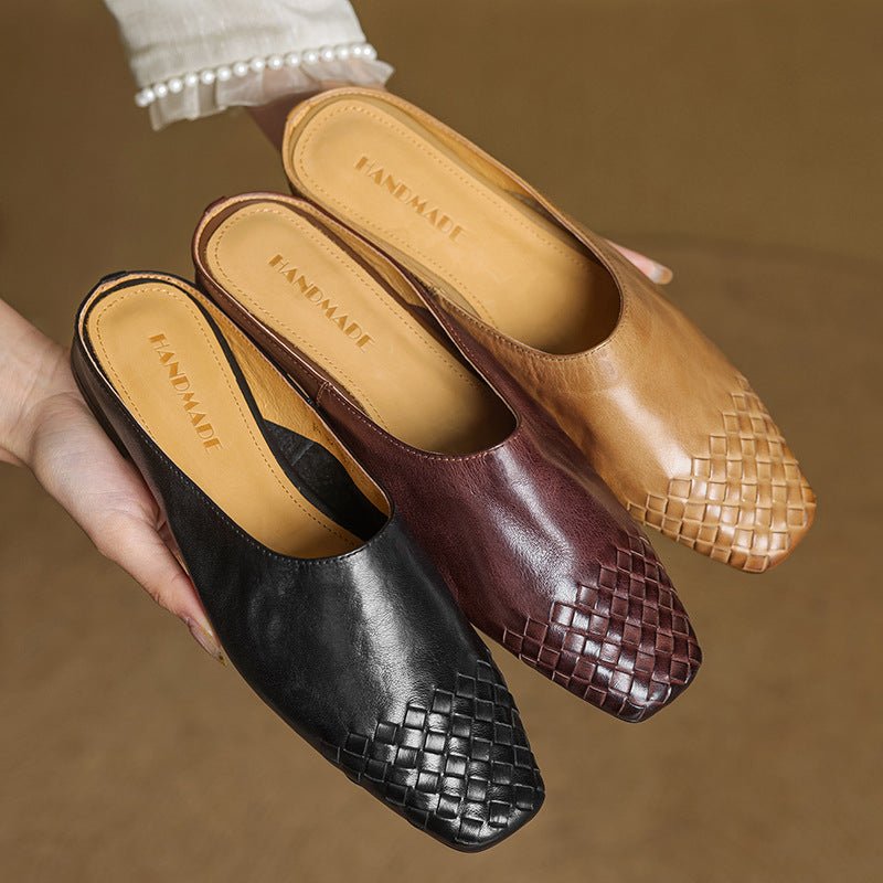 Women's Woven Genuine Leather Square-Toe Mules