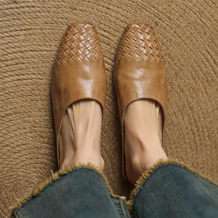 Women's Woven Genuine Leather Square-Toe Mules