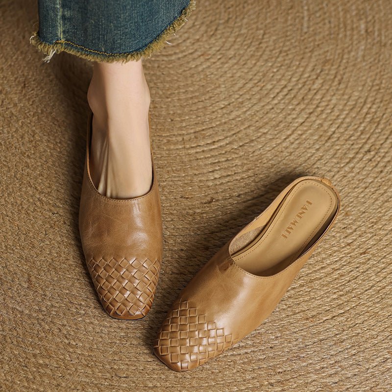 Women's Woven Genuine Leather Square-Toe Mules