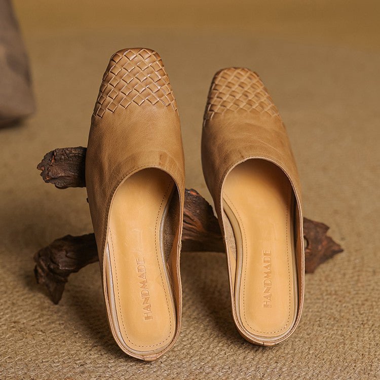 Women's Woven Genuine Leather Square-Toe Mules