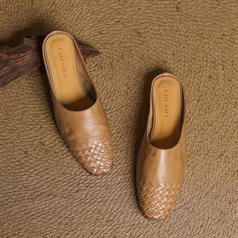 Women's Woven Genuine Leather Square-Toe Mules