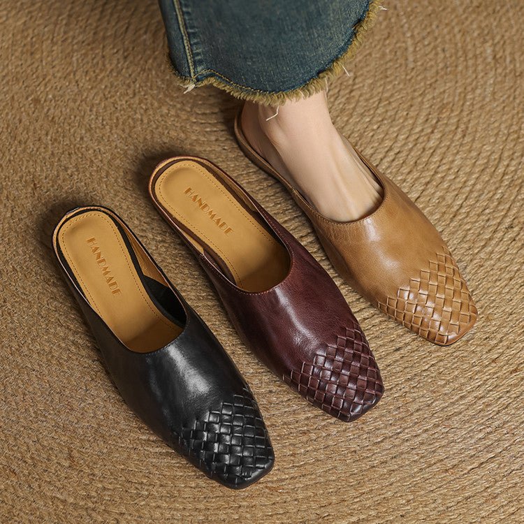 Women's Woven Genuine Leather Square-Toe Mules