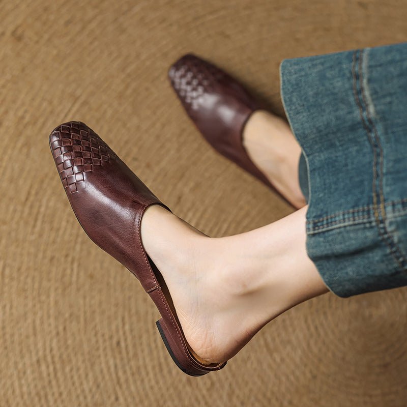 Women's Woven Genuine Leather Square-Toe Mules