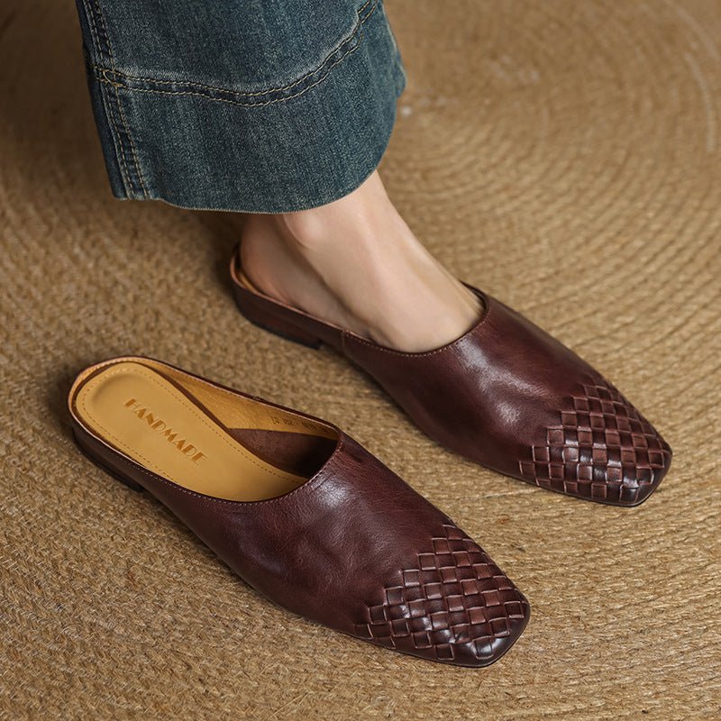 Women's Woven Genuine Leather Square-Toe Mules - Brown