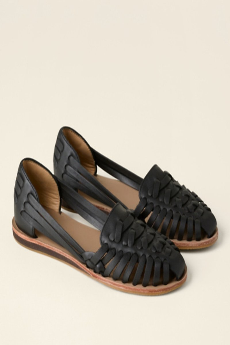 Women's Woven Leather Huarache Comfortable Sandals Flat Slip-On - Black