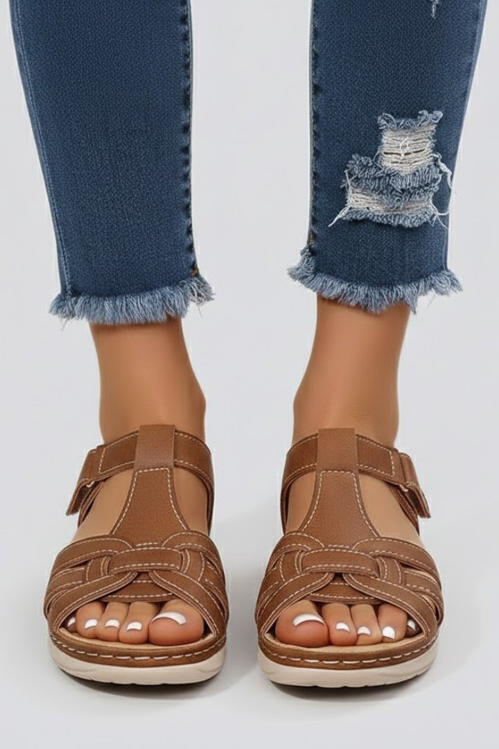 Women's Woven Open-Toe Velcro Strap Flat Sandals - Brown