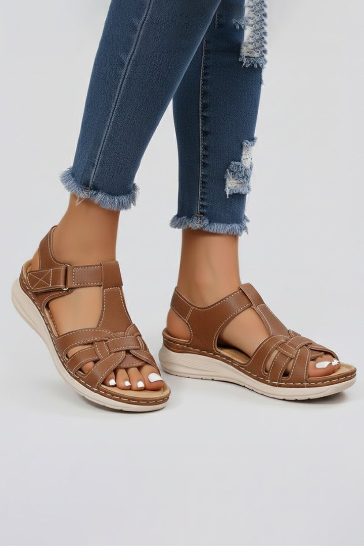 Women's Woven Open-Toe Velcro Strap Flat Sandals