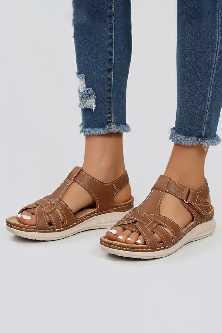 Women's Woven Open-Toe Velcro Strap Flat Sandals