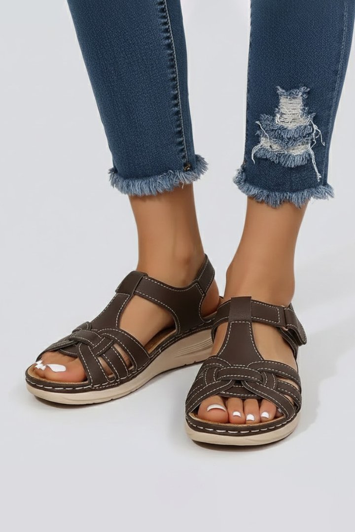 Women's Woven Open-Toe Velcro Strap Flat Sandals - Dark Brown