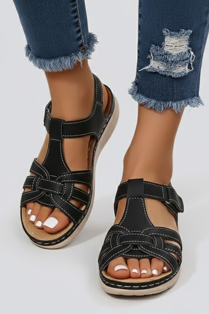 Women's Woven Open-Toe Velcro Strap Flat Sandals - Black