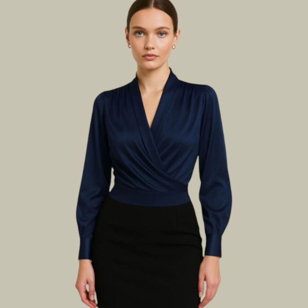 Women's Wrap-Front Long Sleeve Satin Blouses V-Neck Top - Blue