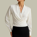 Women's Wrap-Front Long Sleeve Satin Blouses V-Neck Top - White