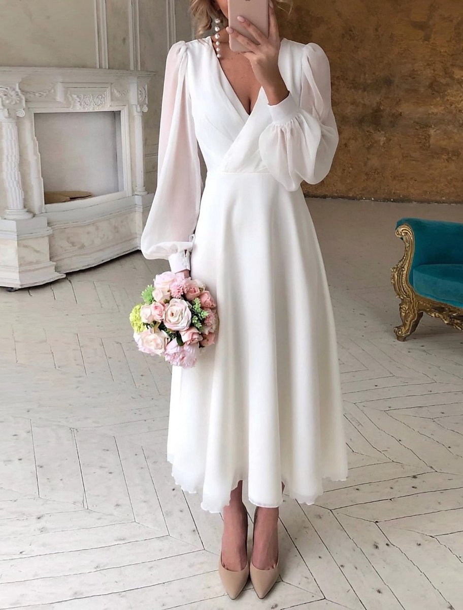 Women's Wrap V-Neck Puff Sleeve Long Sleeve Dress Midi - White
