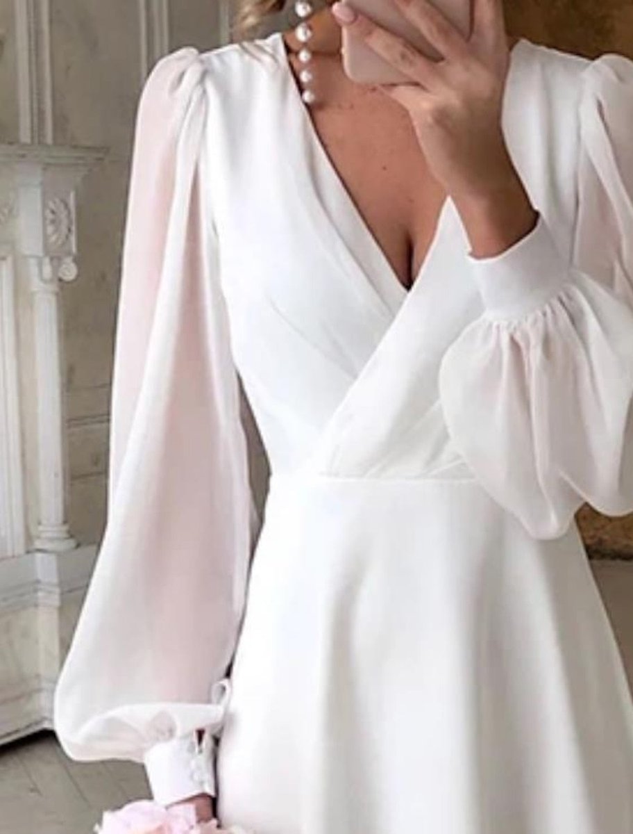 Women's Wrap V-Neck Puff Sleeve Long Sleeve Dress Midi