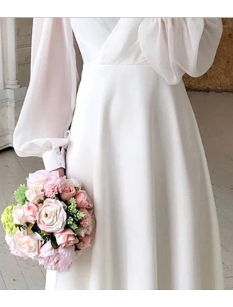 Women's Wrap V-Neck Puff Sleeve Long Sleeve Dress Midi